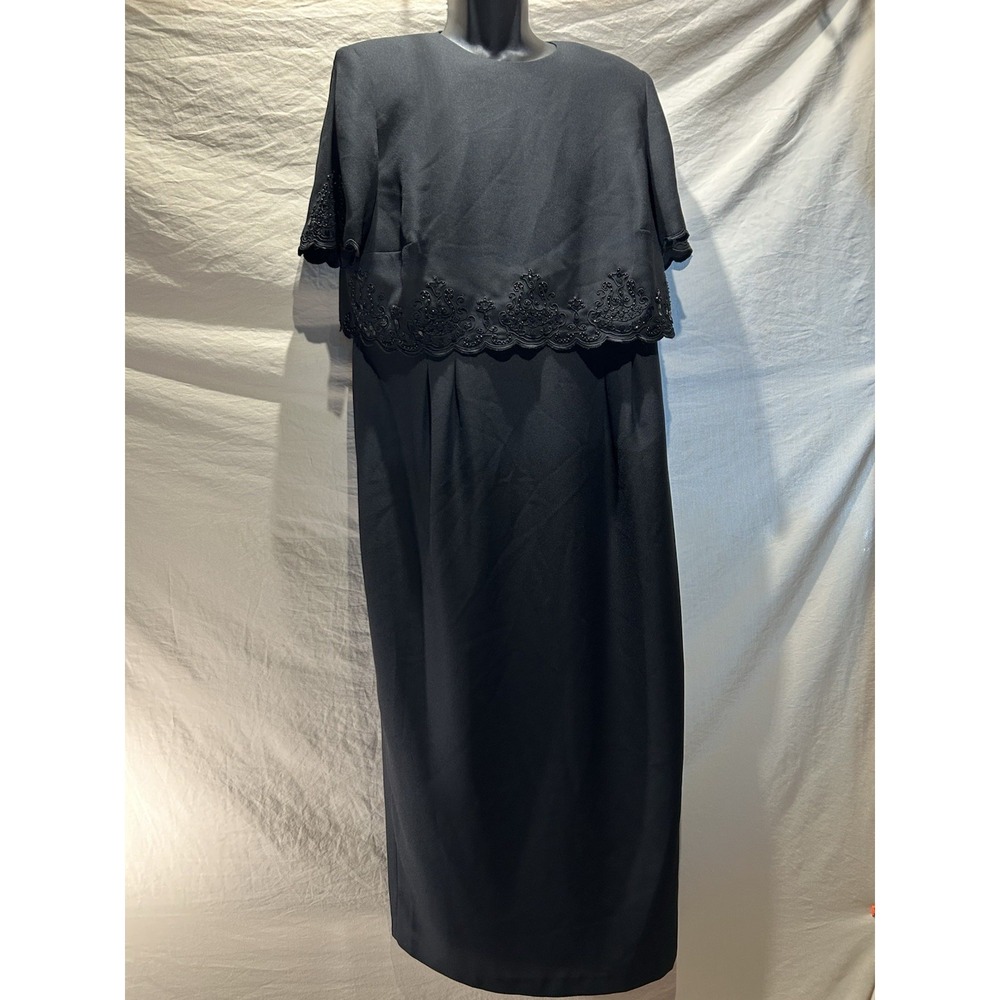 Vintage R&M Richards Black Beaded Overlay Maxi Dress - Size 14W